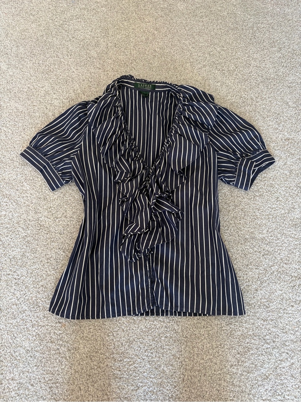 Ralph Lauren Navy and White Vertical-Stripe Ruffle Blouse